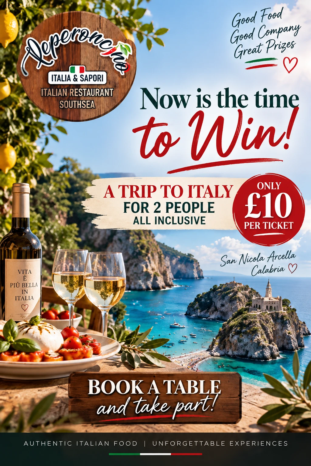Peperoncino contest poster: win a trip to Italy for two, all inclusive, tickets £10 each